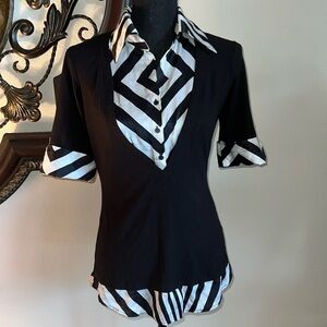 Cache Women’s Black White 100% Silk Accent Pullover Shortsleeved Top Medium